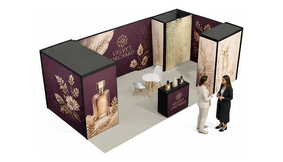 Stoisko 8 × 4 m narożne prawe dla branży perfumy, przykładowa marka Velvet Orchard