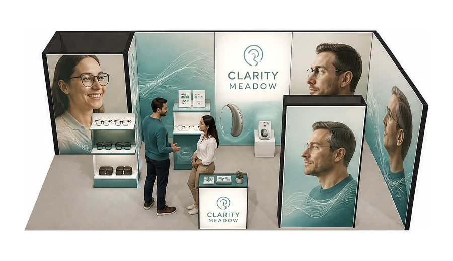 Stoisko 8 × 4 m narożne prawe dla branży optyka i audiologia, przykładowa marka Clarity Meadow