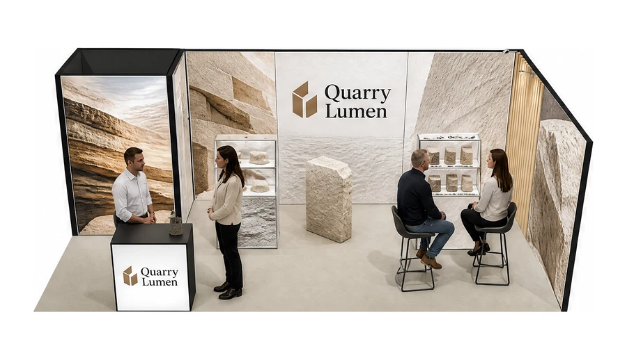 Stoisko 8 × 4 m narożne prawe dla branży kamień i kamieniarstwo, przykładowa marka Quarry Lumen
