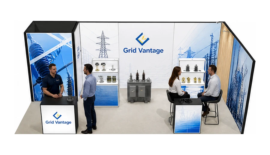 Stoisko 8 × 4 m narożne prawe dla branży energetyka i sieci, przykładowa marka Grid Vantage
