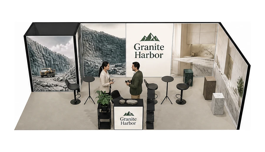 Stoisko 8 × 4 m narożne prawe dla branży kamień i kamieniarstwo, przykładowa marka Granite Harbor