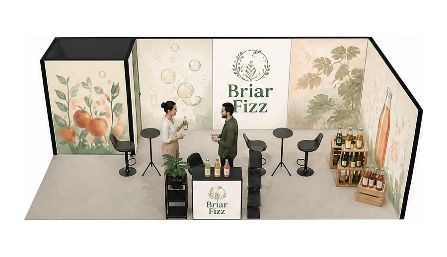 Stoisko 8 × 4 m narożne prawe dla branży napoje, przykładowa marka Briar Fizz