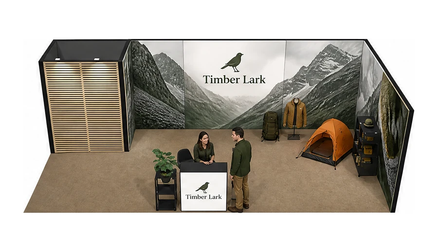 Stoisko 8 × 4 m narożne prawe dla branży odzież i sprzęt outdoorowy, przykładowa marka Timber Lark