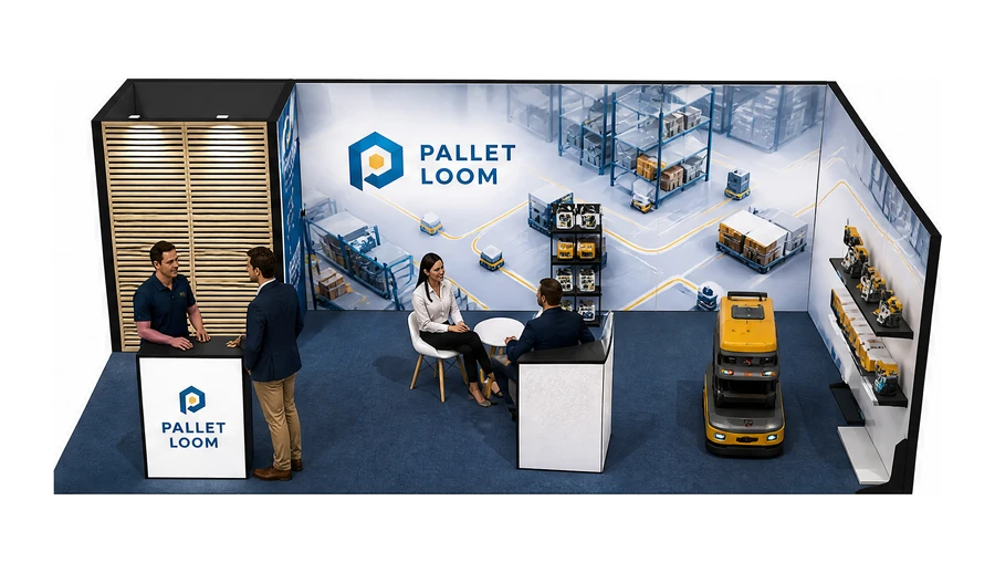 Stoisko 8 × 4 m narożne prawe dla branży intralogistyka i magazyn, przykładowa marka Pallet Loom