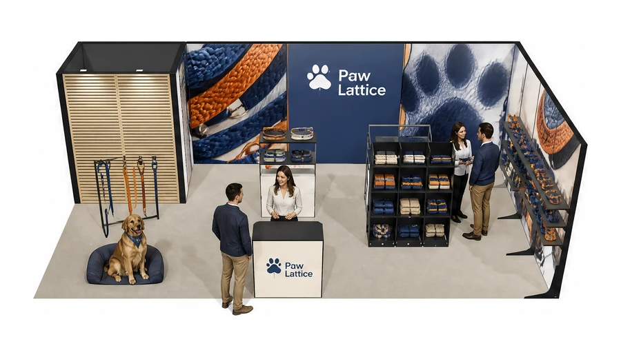 Stoisko 8 × 4 m narożne prawe dla branży akcesoria dla zwierząt, przykładowa marka Paw Lattice