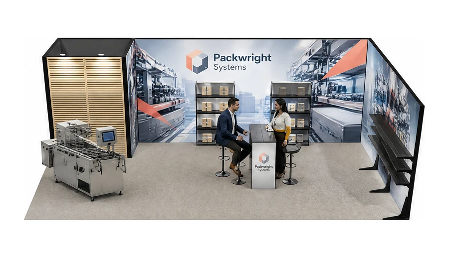Stoisko 8 × 4 m narożne prawe dla branży maszyny pakujące, przykładowa marka Packwright Systems