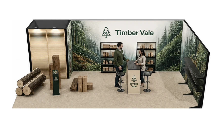 Stoisko 8 × 4 m narożne prawe dla branży leśnictwo i przemysł drzewny, przykładowa marka Timber Vale