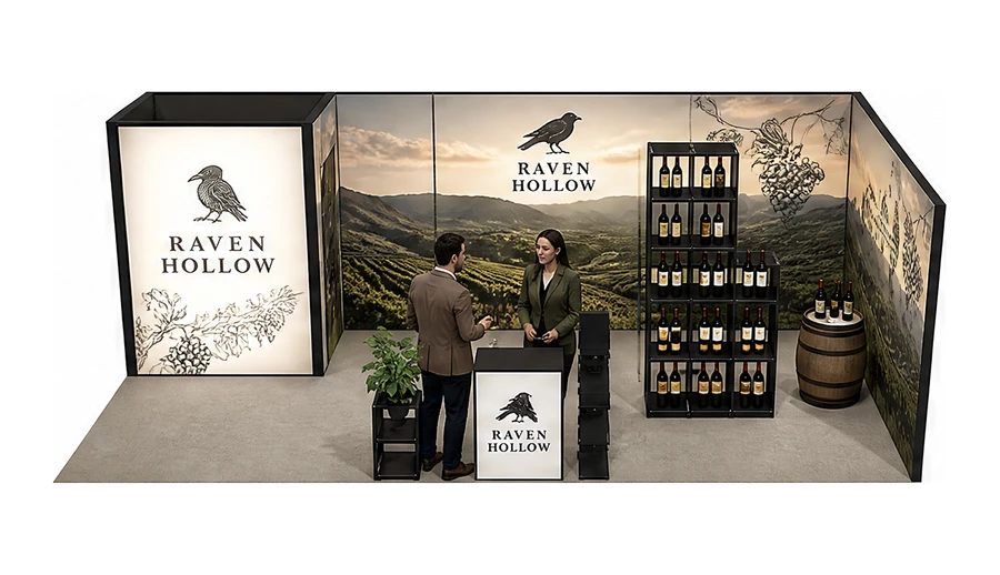 Stoisko 8 × 4 m narożne prawe dla branży winnica, przykładowa marka Raven Hollow