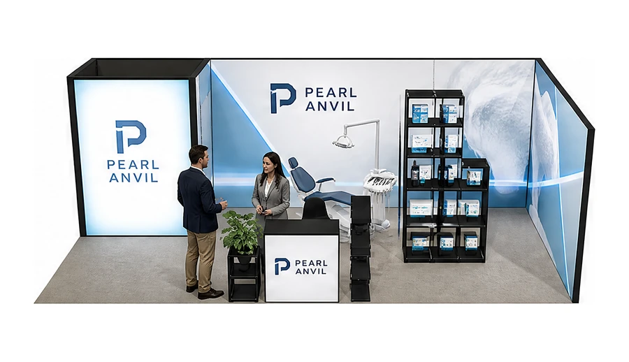 Stoisko 8 × 4 m narożne prawe dla branży stomatologia, przykładowa marka Pearl Anvil