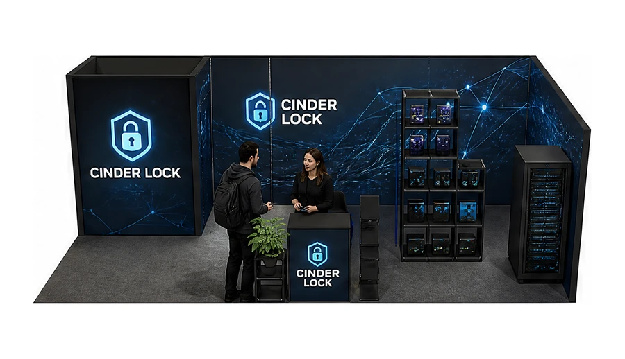 Stoisko 8 × 4 m narożne prawe dla branży cyberbezpieczeństwo, przykładowa marka Cinder Lock