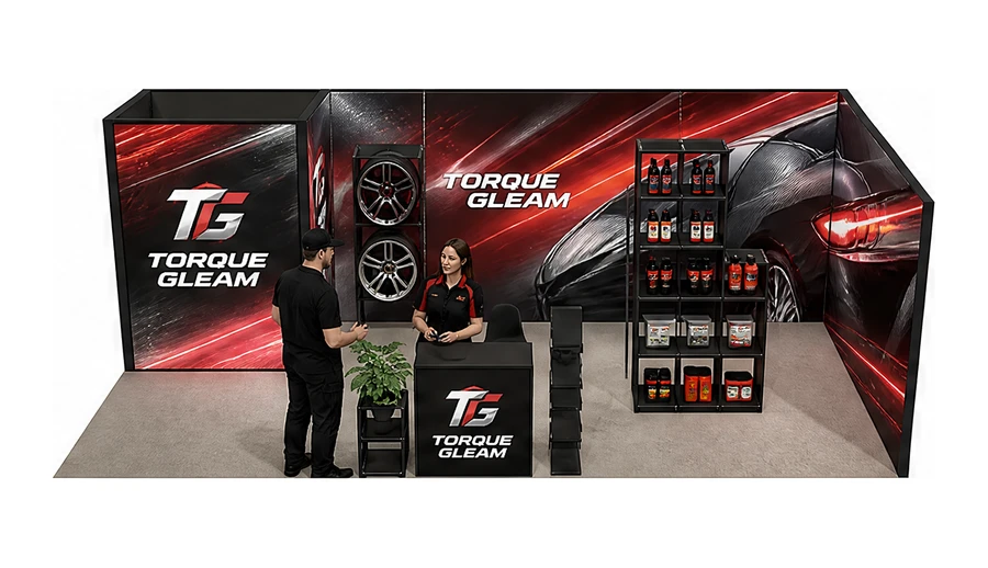 Stoisko 8 × 4 m narożne prawe dla branży tuning i detailing, przykładowa marka Torque Gleam