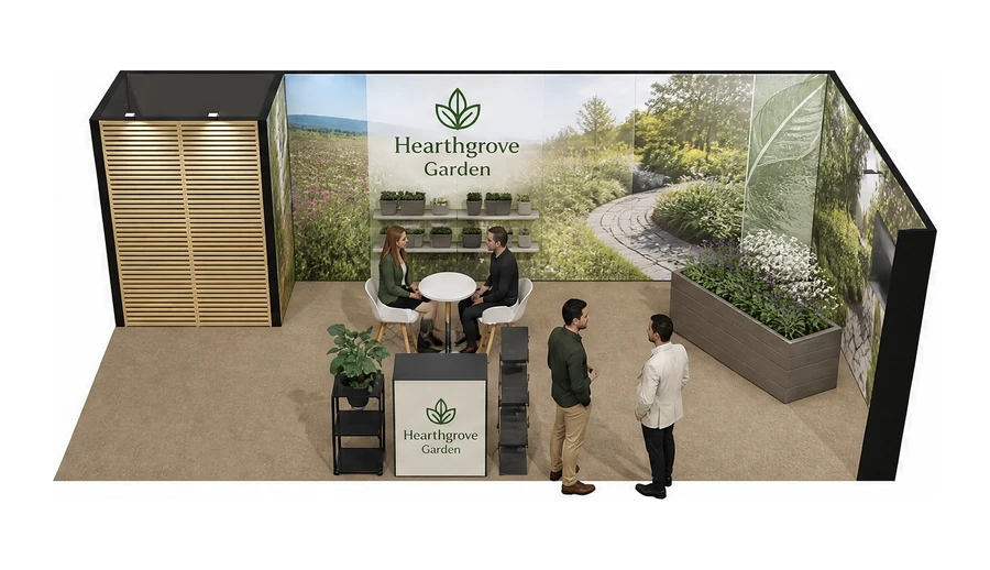Stoisko 8 × 4 m narożne prawe dla branży ogród i architektura krajobrazu, przykładowa marka Hearthgrove Garden