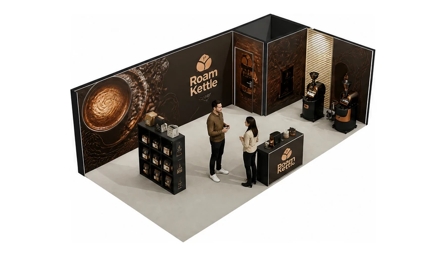 Stoisko 8 × 4 m narożne prawe dla branży palarnia kawy, przykładowa marka Roam Kettle