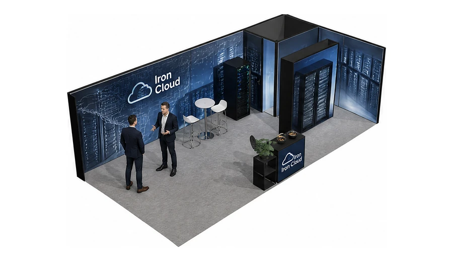 Stoisko 8 × 4 m narożne prawe dla branży infrastruktura IT i data center, przykładowa marka Iron Cloud