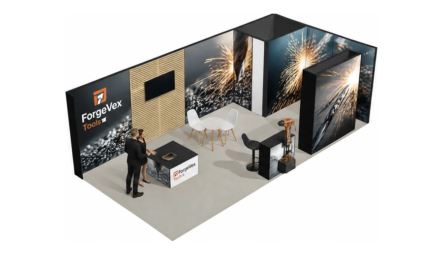 Stoisko 8 × 4 m narożne prawe dla branży elektronarzędzia, przykładowa marka ForgeVex Tools