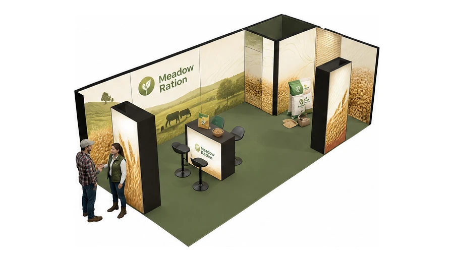 Stoisko 8 × 4 m narożne prawe dla branży hodowla i pasze, przykładowa marka Meadow Ration