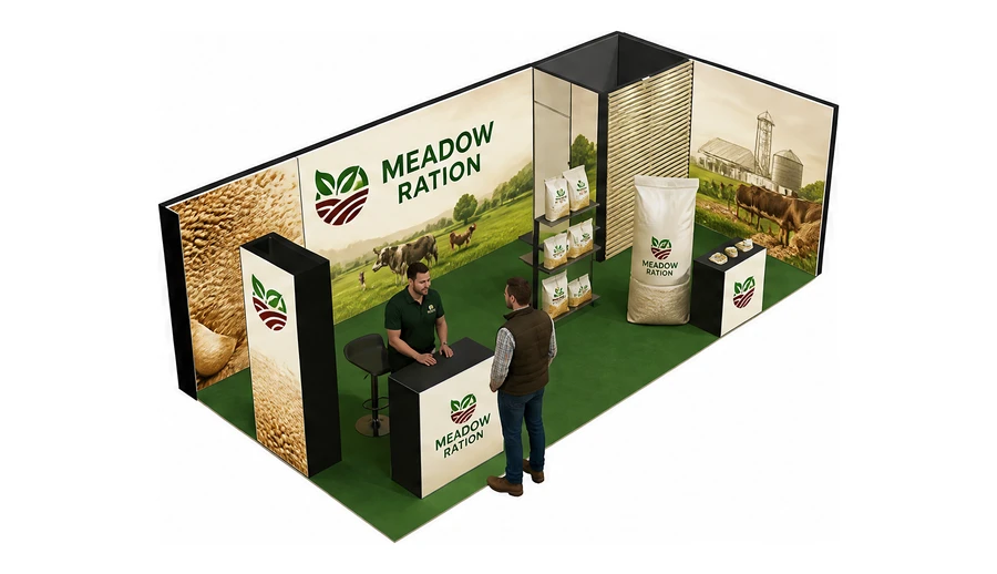 Stoisko 8 × 4 m narożne prawe dla branży hodowla i pasze, przykładowa marka Meadow Ration
