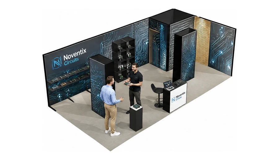 Stoisko 8 × 4 m narożne prawe dla branży komponenty elektroniczne, przykładowa marka Noventix Circuits