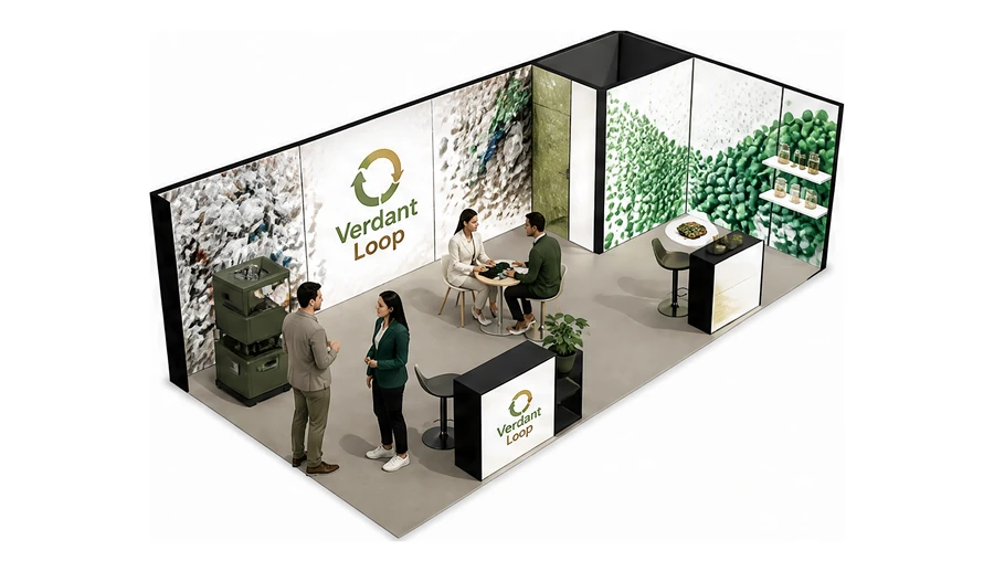 Stoisko 8 × 4 m narożne prawe dla branży recykling i ochrona środowiska, przykładowa marka Verdant Loop