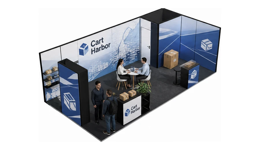 Stoisko 8 × 4 m narożne prawe dla branży e-commerce, przykładowa marka Cart Harbor