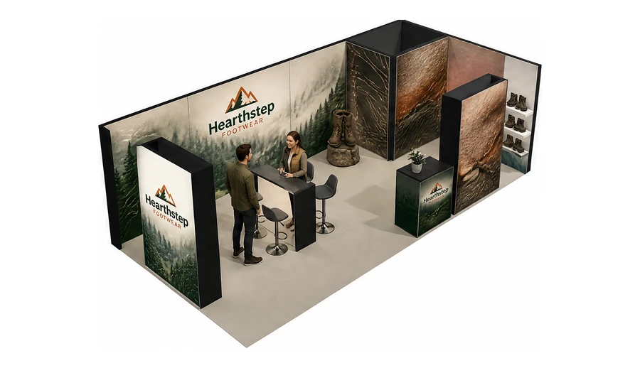 Stoisko 8 × 4 m narożne prawe dla branży obuwie, przykładowa marka Hearthstep Footwear
