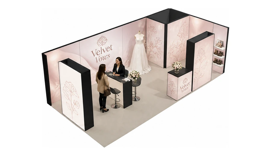 Stoisko 8 × 4 m narożne prawe dla branży branża ślubna, przykładowa marka Velvet Vows