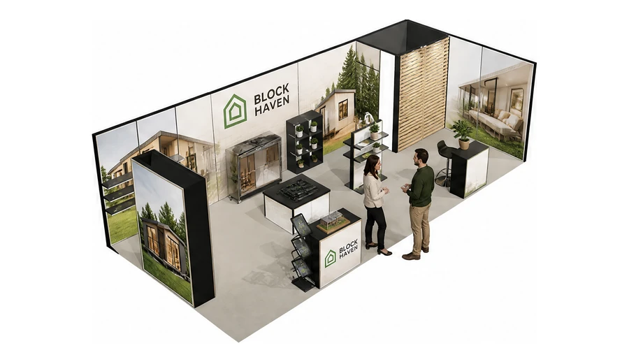 Stoisko 8 × 4 m narożne prawe dla branży domy modułowe i prefabrykacja, przykładowa marka Block Haven