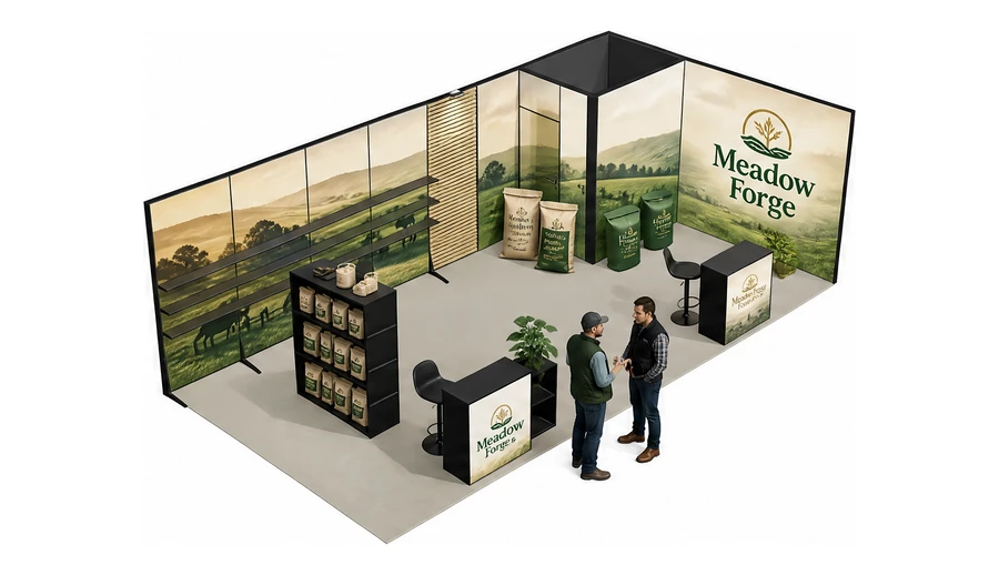 Stoisko 8 × 4 m narożne prawe dla branży hodowla i pasze, przykładowa marka Meadow Forge
