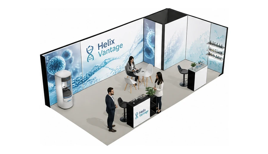 Stoisko 8 × 4 m narożne prawe dla branży farmacja i biotechnologia, przykładowa marka Helix Vantage