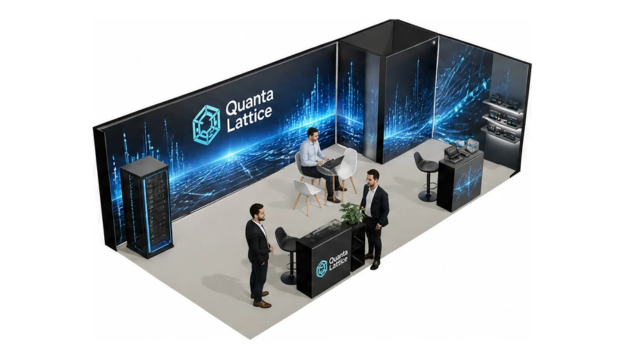Stoisko 8 × 4 m narożne prawe dla branży sztuczna inteligencja i dane, przykładowa marka Quanta Lattice
