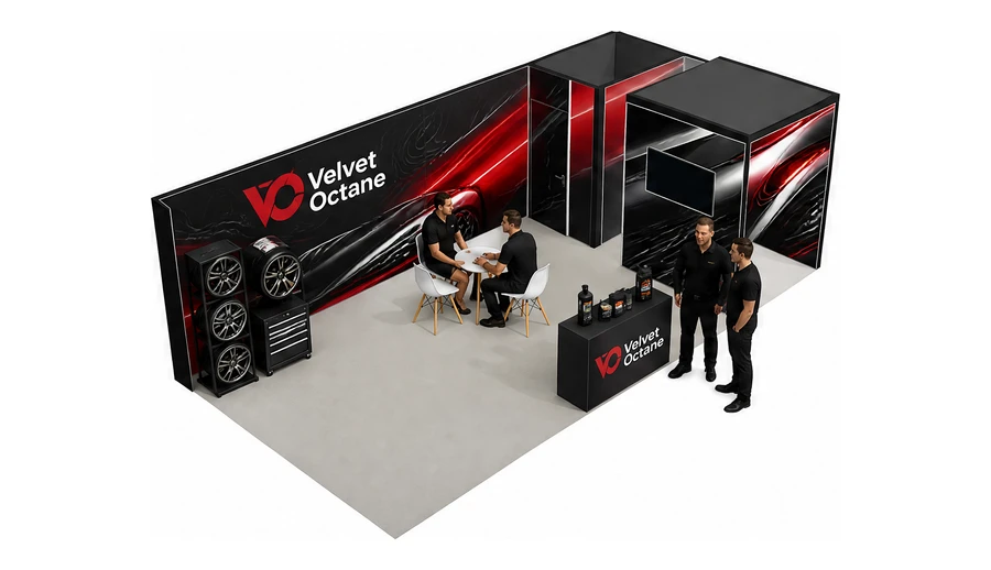 Stoisko 8 × 4 m narożne prawe dla branży tuning i detailing, przykładowa marka Velvet Octane