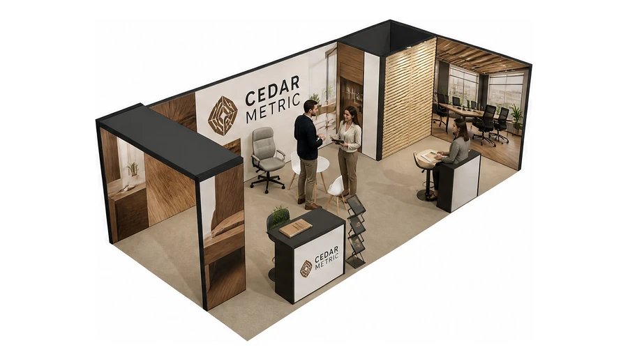 Stoisko 8 × 4 m narożne prawe dla branży meble biurowe, przykładowa marka Cedar Metric