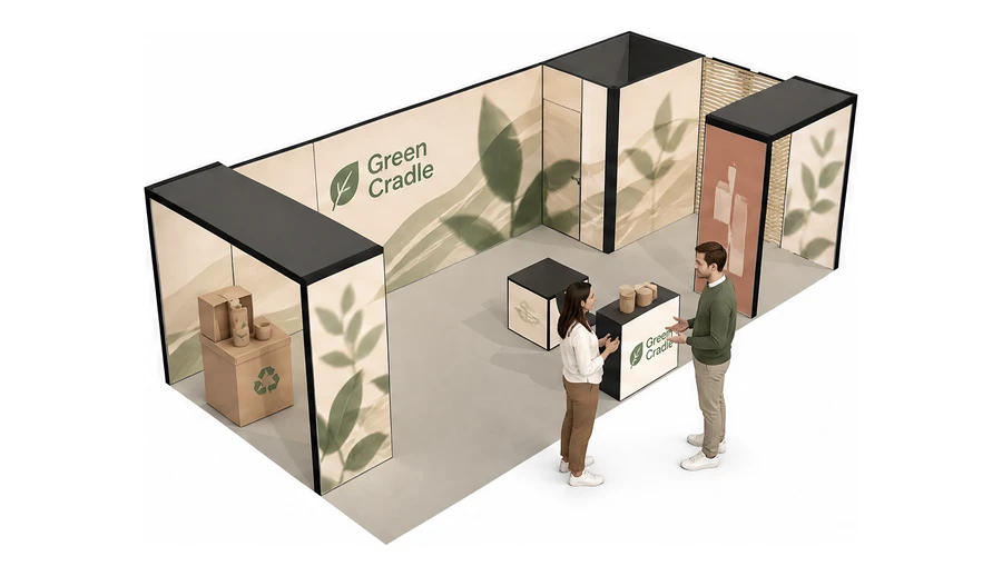 Stoisko 8 × 4 m narożne prawe dla branży opakowania ekologiczne, przykładowa marka Green Cradle