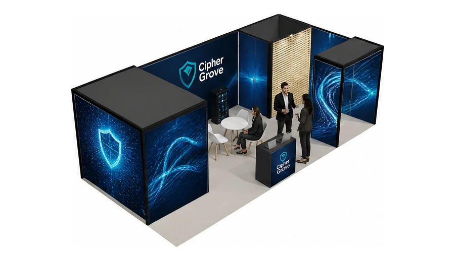 Stoisko 8 × 4 m narożne prawe dla branży cyberbezpieczeństwo, przykładowa marka Cipher Grove