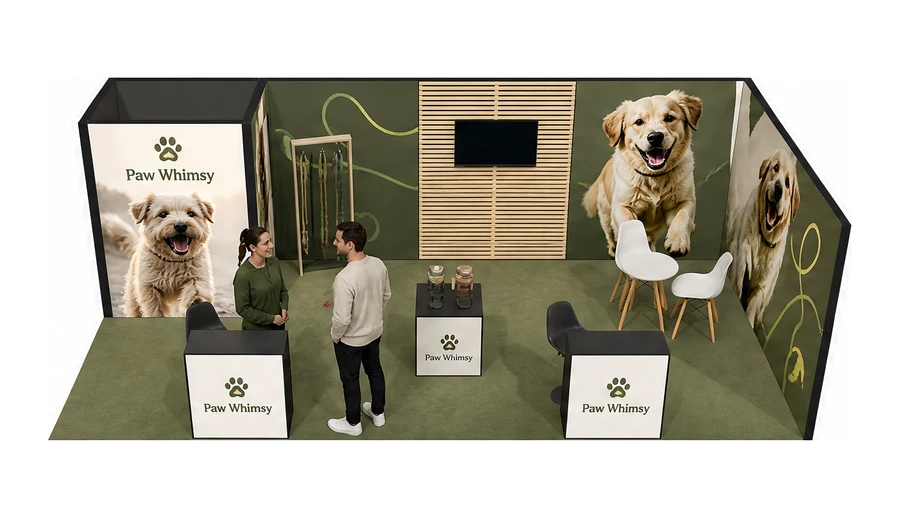 Stoisko 8 × 4 m narożne prawe dla branży akcesoria dla zwierząt, przykładowa marka Paw Whimsy