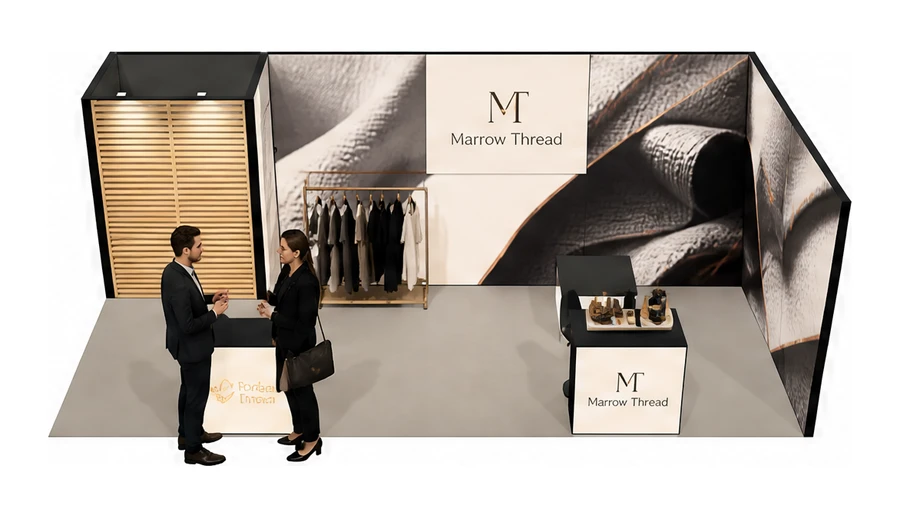 Stoisko 8 × 4 m narożne prawe dla branży odzież i moda, przykładowa marka Marrow Thread