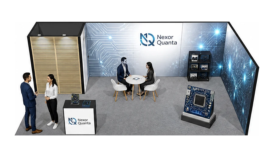 Stoisko 8 × 4 m narożne prawe dla branży komponenty elektroniczne, przykładowa marka Nexor Quanta