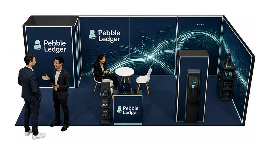 Stoisko 8 × 4 m narożne prawe dla branży płatności online, przykładowa marka Pebble Ledger