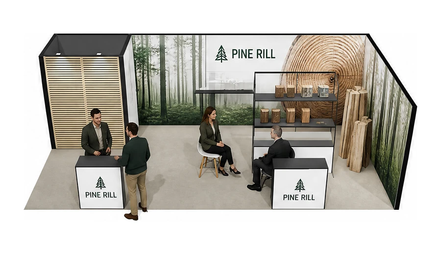 Stoisko 8 × 4 m narożne prawe dla branży leśnictwo i przemysł drzewny, przykładowa marka Pine Rill