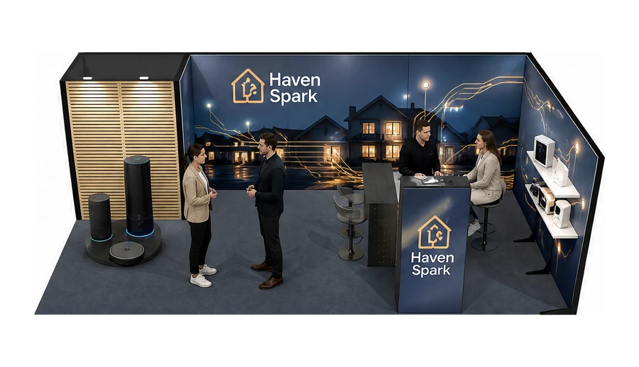 Stoisko 8 × 4 m narożne prawe dla branży smart home i IoT, przykładowa marka Haven Spark