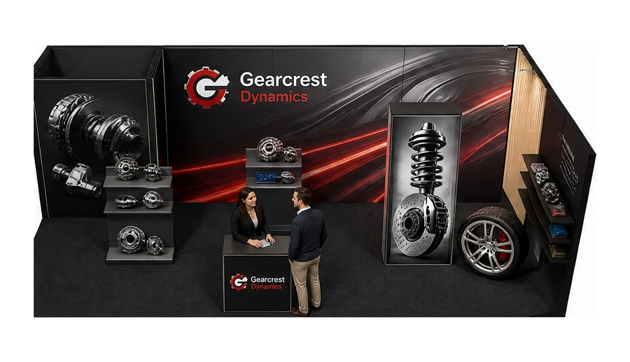 Stoisko 8 × 4 m narożne prawe dla branży części motoryzacyjne, przykładowa marka Gearcrest Dynamics