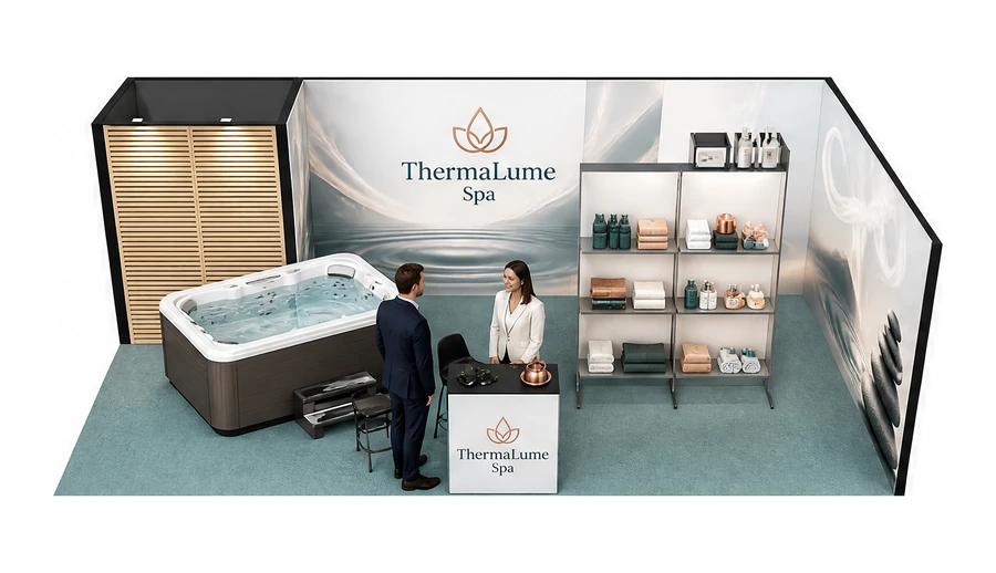 Stoisko 8 × 4 m narożne prawe dla branży spa i wellness, przykładowa marka ThermaLume Spa