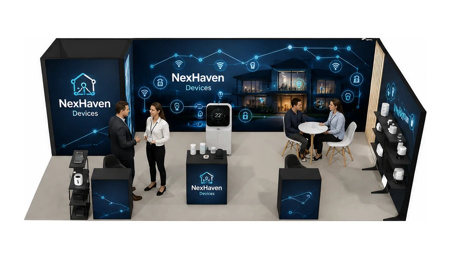 Stoisko 8 × 4 m narożne prawe dla branży smart home i IoT, przykładowa marka NexHaven Devices