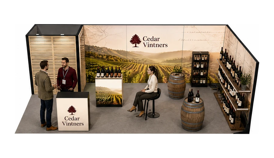Stoisko 8 × 4 m narożne prawe dla branży winnica, przykładowa marka Cedar Vintners