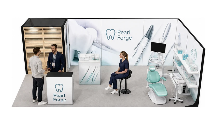 Stoisko 8 × 4 m narożne prawe dla branży stomatologia, przykładowa marka Pearl Forge