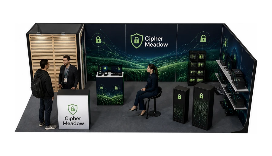 Stoisko 8 × 4 m narożne prawe dla branży cyberbezpieczeństwo, przykładowa marka Cipher Meadow