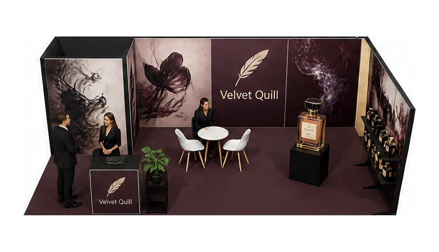 Stoisko 8 × 4 m narożne prawe dla branży perfumy, przykładowa marka Velvet Quill