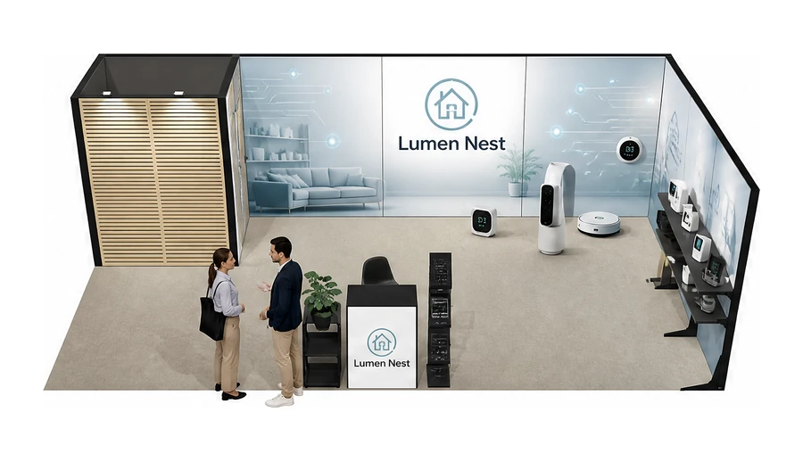 Stoisko 8 × 4 m narożne prawe dla branży smart home i IoT, przykładowa marka Lumen Nest