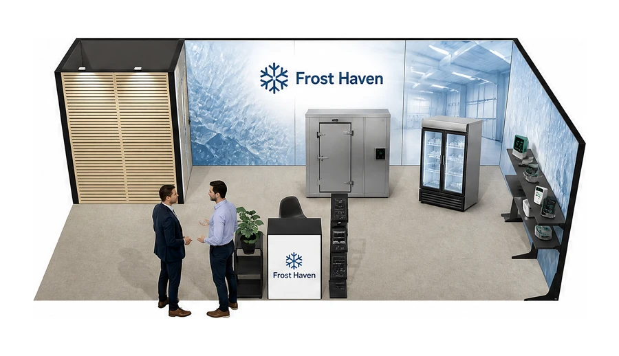 Stoisko 8 × 4 m narożne prawe dla branży łańcuch chłodniczy, przykładowa marka Frost Haven