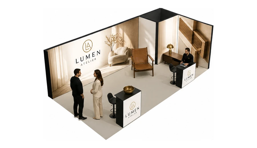 Stoisko 8 × 4 m narożne prawe dla branży meble designerskie, przykładowa marka Lumen Atelier